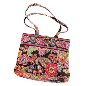 Vera Bradley Quilted‎ Tote Bag Black Floral Paisley Print Button Closure